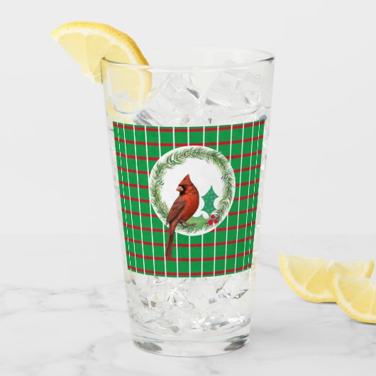 赤と白の線が付いた緑の正方形ガラスカップ タンブラーグラス (アイス正面)