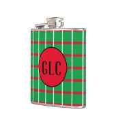 赤と白の線の付いた緑の四角いフラッ包まれたク フラスク (左)