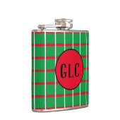 赤と白の線の付いた緑の四角いフラッ包まれたク フラスク (右)