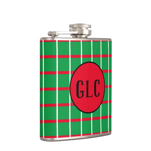 赤と白の線の付いた緑の四角いフラッ包まれたク フラスク (右)