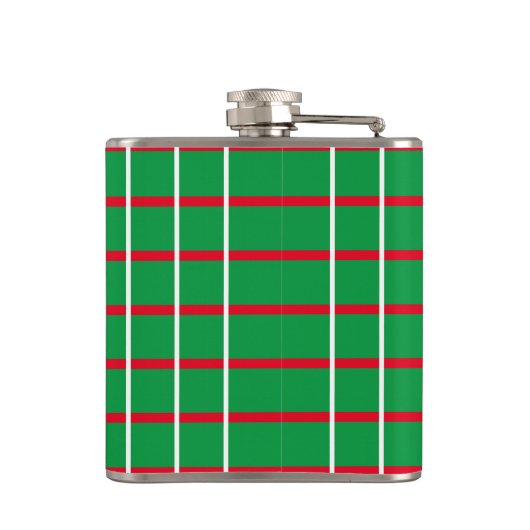 赤と白の線の付いた緑の四角いフラッ包まれたク フラスク (裏面)