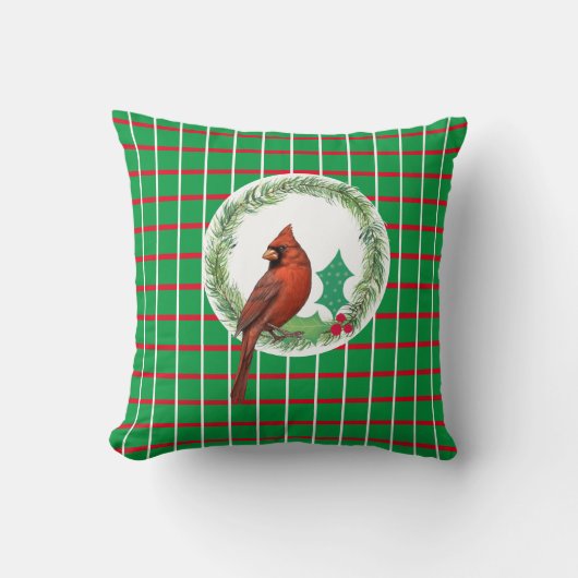 赤と白の線の付いた緑の正方形装飾用クッション クッション (正面)