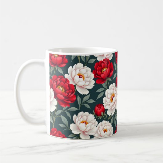赤と白の芍薬の花 コーヒーマグカップ (左)