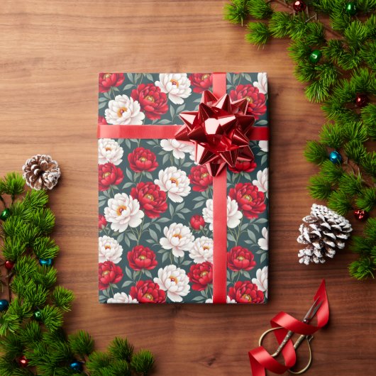 赤と白の芍薬の花 ラッピングペーパー (クリスマスギフト)