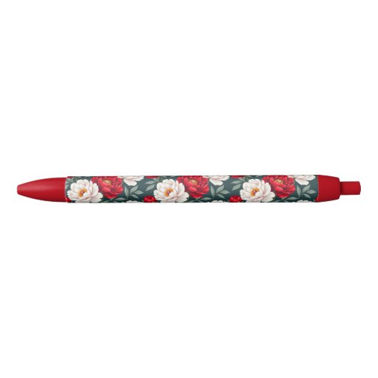 赤と白の芍薬の花 黒ボールペン (正面)
