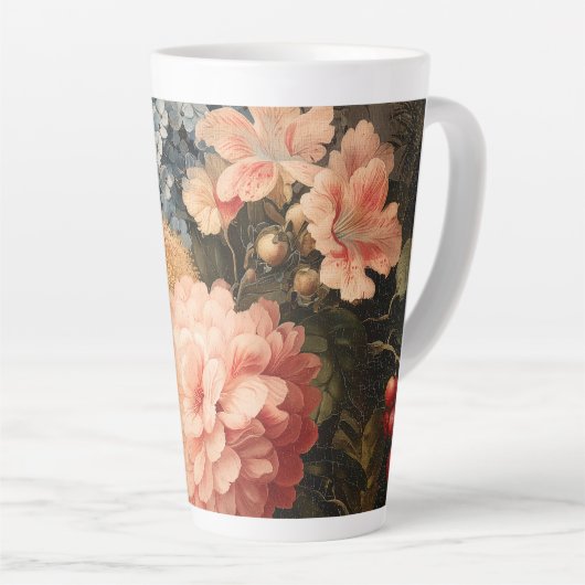 赤と白の花が咲くヴィンテージの花の静物画 カフェラテマグ (右アングル)