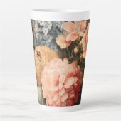 赤と白の花が咲くヴィンテージの花の静物画 カフェラテマグ (正面)