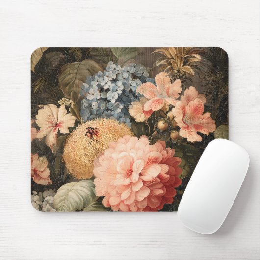 赤と白の花が咲くヴィンテージの花の静物画 マウスパッド (マウス)