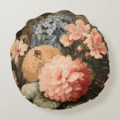 赤と白の花が咲くヴィンテージの花の静物画 ラウンドクッション (裏面)