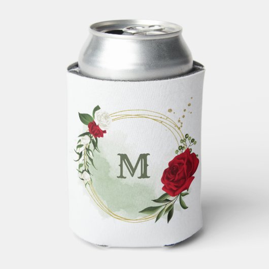 赤と白の花のグリーン+ボタニカルモノグラム 缶クーラー (缶正面)