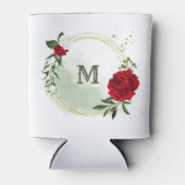 赤と白の花のグリーン+ボタニカルモノグラム 缶クーラー (正面)