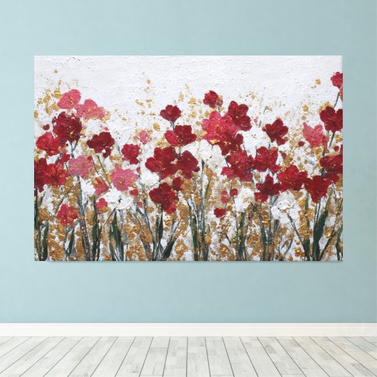 赤と白の花のゴールド抽象アート ウォールアート (インサイチュ (ウッドフロア))