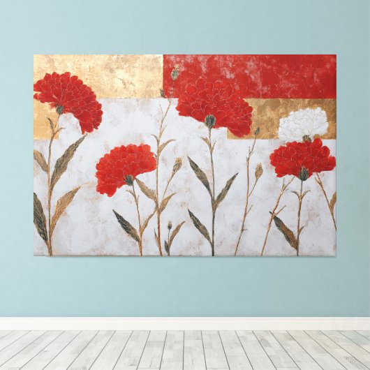 赤と白の花のゴールド抽象的ウォールアート キャンバスプリント (インサイチュ (ウッドフロア))