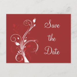 赤と白の花のデザインの「Save the Date」ポストカード 案内ポストカード