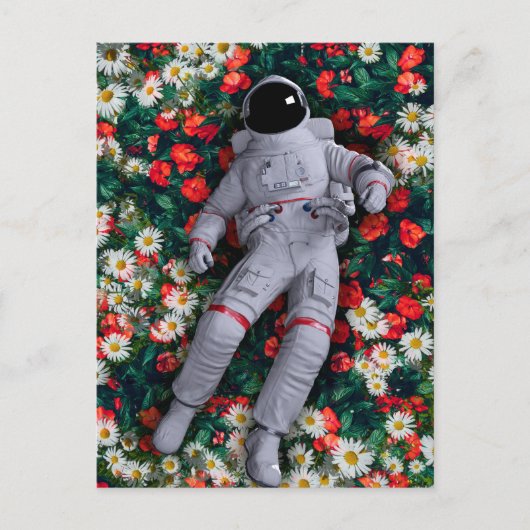 赤と白の花の宇宙飛行士 ポストカード (正面)