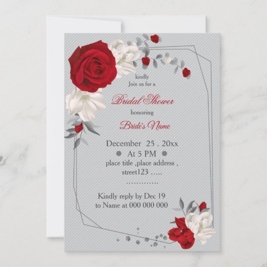 赤と白の花の幾何学的ブライダルシャワー 招待状 (正面)
