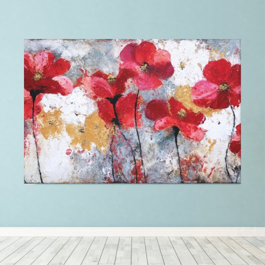 赤と白の花の抽象的な壁のアート キャンバスプリント (インサイチュ (ウッドフロア))
