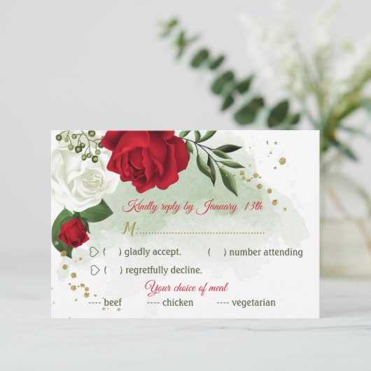 赤と白の花の緑の食事の選択 出欠カード (スタンド正面)