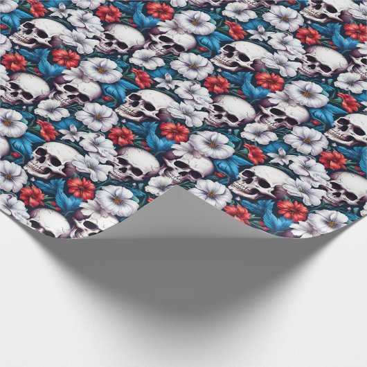 赤と白の花の頭蓋骨 ラッピングペーパー (角)