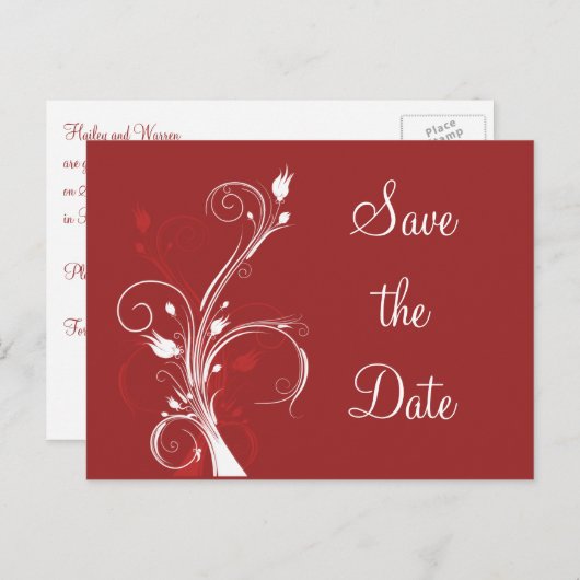 赤と白の花の「Save the Date」ポストカード 案内ポストカード (正面/裏面)