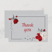 赤と白の花グレイ葉ボタン サンキューカード (正面/裏面)