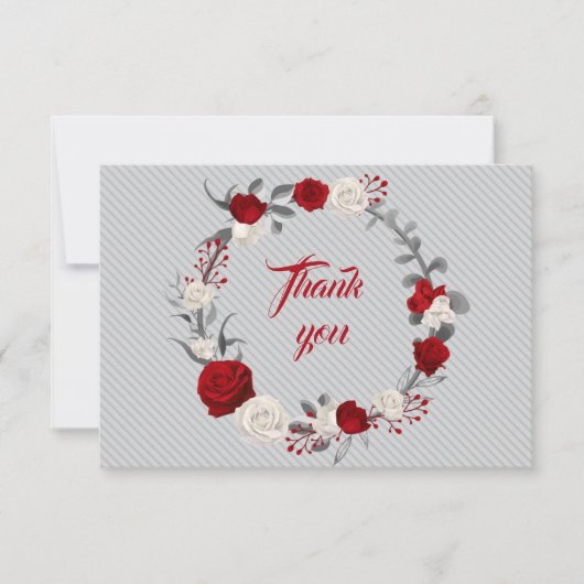赤と白の花グレー葉のリース サンキューカード (正面)