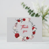 赤と白の花グレー葉のリース サンキューカード (スタンド正面)