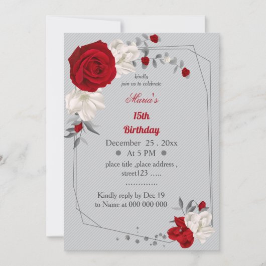 赤と白の花幾何学誕生日 招待状 (正面)
