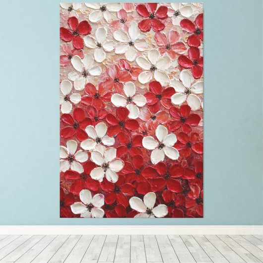 赤と白の花弁の花が咲くインパスト壁アート キャンバスプリント (インサイチュ (ウッドフロア))