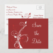 赤と白の花柄の「Save the Date」ポストカード 案内ポストカード (正面/裏面)