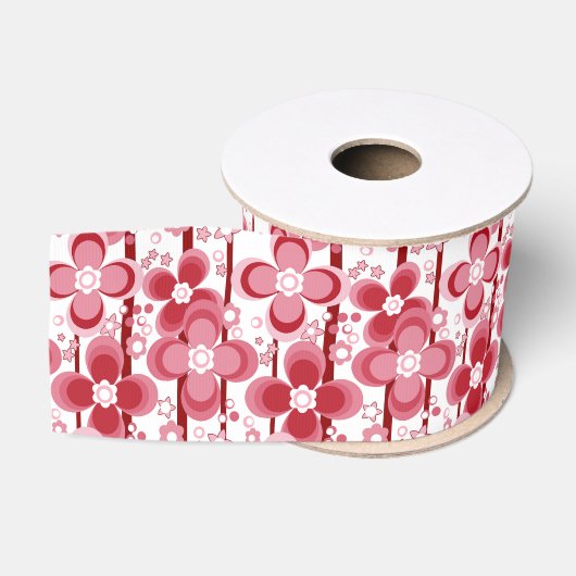 赤と白の花柄 グログランリボン (リール)