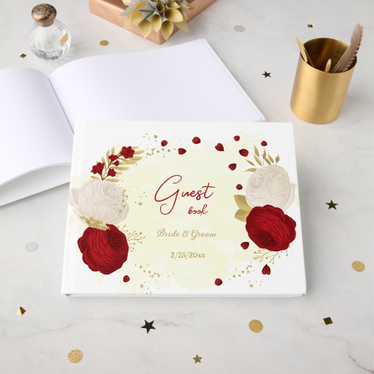 赤と白の花金ゴールド結婚植物 ゲストブック (正面見開き)