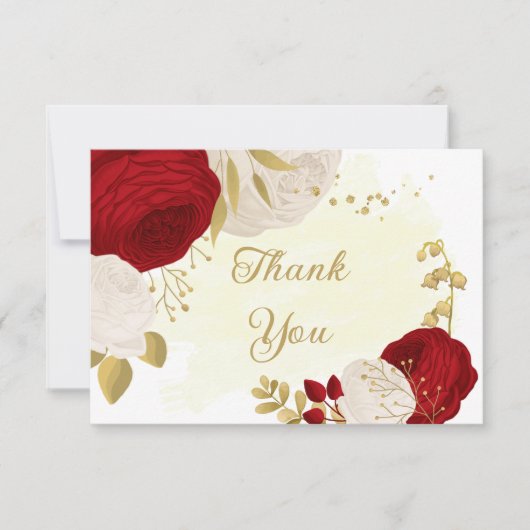 赤と白の花金ゴールド結婚植物 サンキューカード (正面)