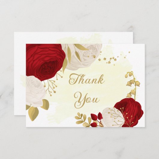 赤と白の花金ゴールド結婚植物 サンキューカード (正面/裏面)