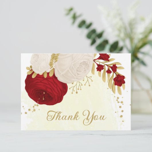 赤と白の花金ゴールド結婚植物 サンキューカード (スタンド正面)