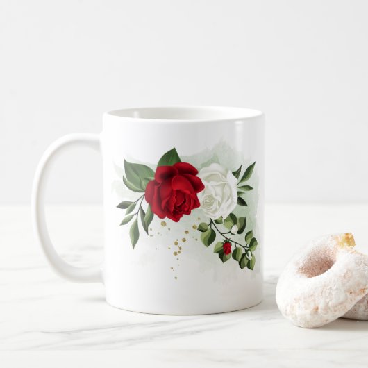赤と白の花 緑の植物 コーヒーマグカップ (ドーナツ)