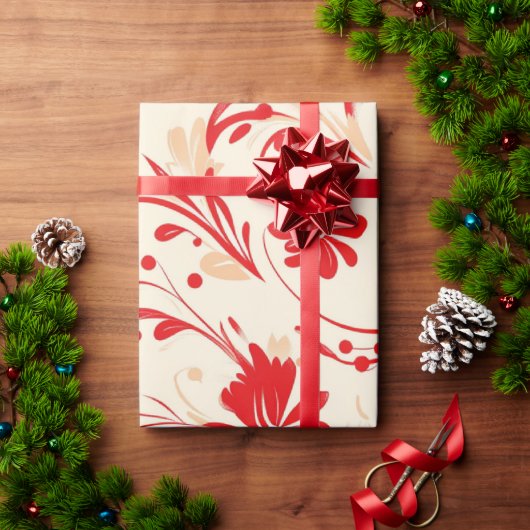 赤と白の華やかなクリスマスパターン ラッピングペーパー (クリスマスギフト)