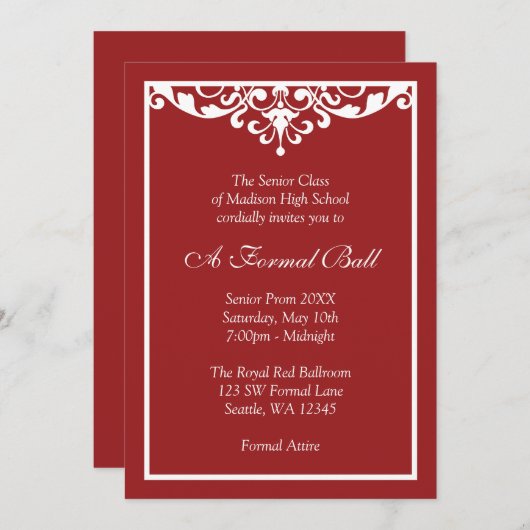赤と白の華麗さのフォーマルなプロムのダンスの球 招待状 (正面/裏面)