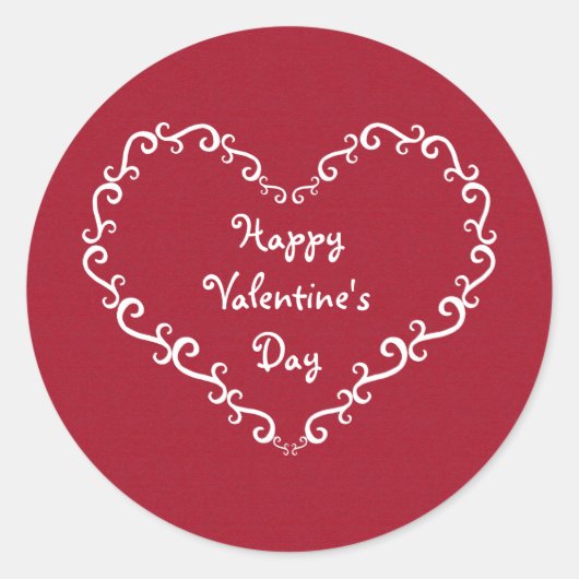 赤と白の装飾ハートバレンタインデステッカー ラウンドシール (正面)