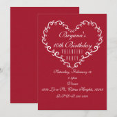 赤と白の装飾的なハート型バレンタイン招待状 招待状 (正面/裏面)