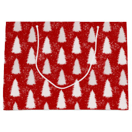 赤と白の輝く雪の結晶&木のクリスマス ラージペーパーバッグ