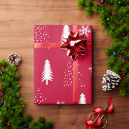 赤と白の雪の結晶のクリスマスツリーの包装紙 ラッピングペーパー