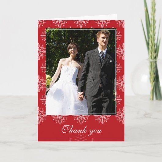 赤と白の雪の結晶の冬のウェディング　感謝の気持ち サンキューカード (正面)