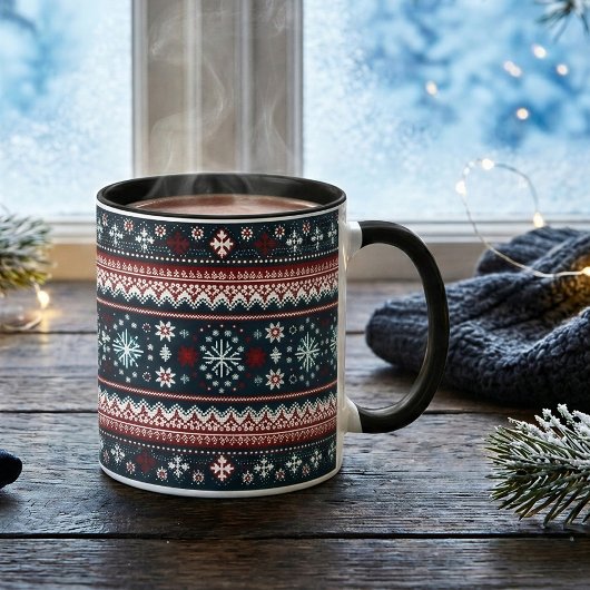 赤と白の雪の結晶クリスマスセーター柄 マグカップ