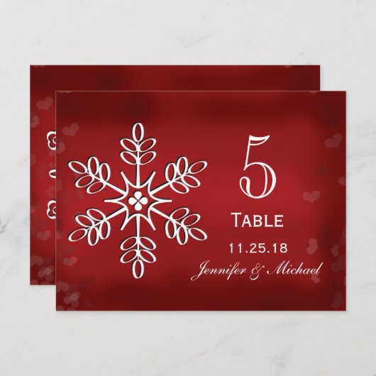 赤と白の雪片の結婚式のテーブル数カード ポストカード (正面/裏面)