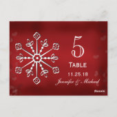 赤と白の雪片の結婚式のテーブル数カード ポストカード (裏面)