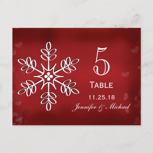 赤と白の雪片の結婚式のテーブル数カード ポストカード (正面)