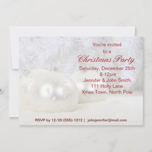 赤と白の雪片オーナメントクリスマスパーティー 招待状 (正面)