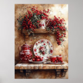 赤と白の食器、コーヒーポット カントリーシェルフ ポスター (正面)