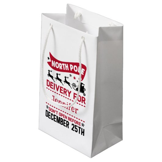 赤と白の黒の北極SANTA配送名 スモールペーパーバッグ (裏面アングル)